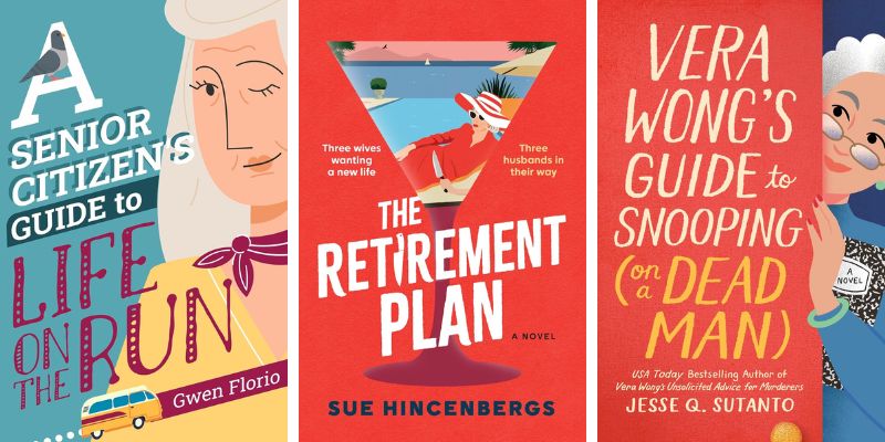 Photo collage of new cozy mystery books for summer 2025 featuring senior detectives