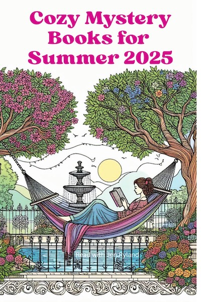 Illustration of a woman in a hammock between two flowering trees, reading a book