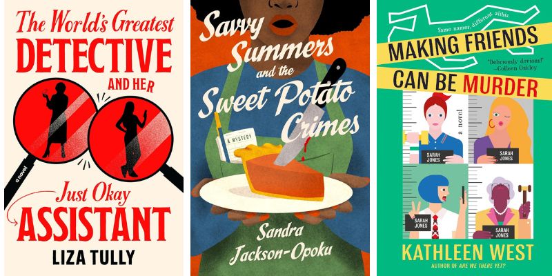 Photo collage of new cozy mystery books for summer 2025 featuring amateur detectives