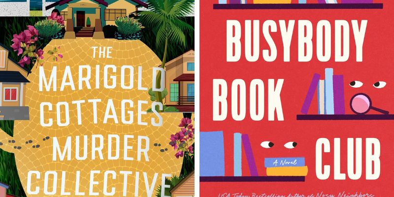 Photo collage of new cozy mystery books for summer 2025 featuring neighborhood detectives