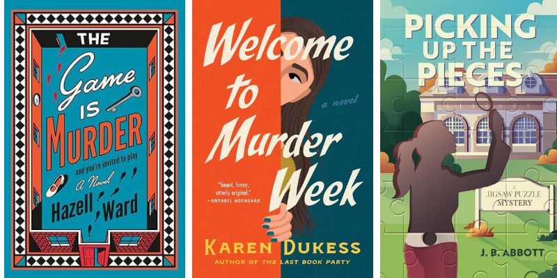 Photo collage of new cozy mystery books for summer 2025 featuring puzzles and games