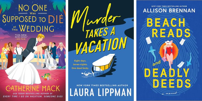 Photo collage of new cozy mystery books for summer 2025 featuring vacation destinations