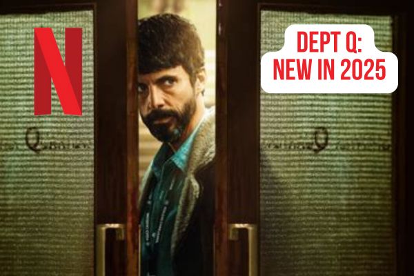 A man with a beard walking through a frosted door. Promo photo for Department Q on Netflix