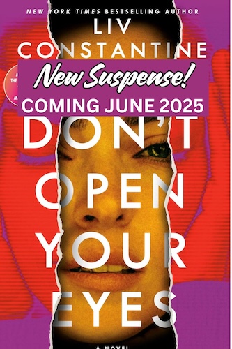 Cover of Don't Open Your Eyes which shows a woman's face peeking out from torn red and purple paper