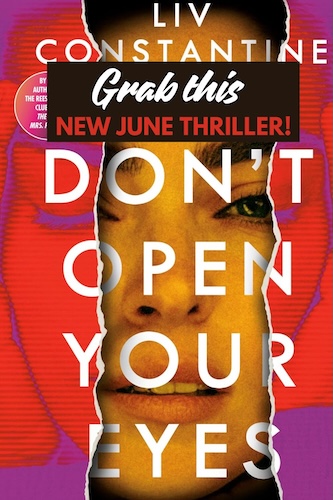 Cover of Don't Open Your Eyes. A woman peers out between red and purple torn paper.