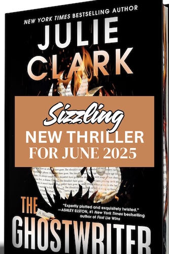 Cover of the Ghostwriter by Julie Clark, which shows a graphic fire made of strips of typewritten paper