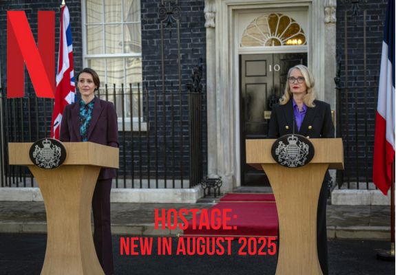 Photo of two women, one blond and one brunette, each standing at a podium, one with the French flag and one with the Union Jack