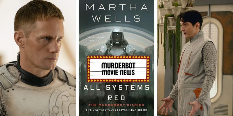 Photocollage of the cover and cast of Murderbot