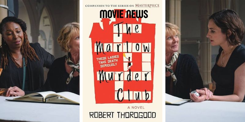 Photo collage of the cover of the Marlow Murder Club and cast photos