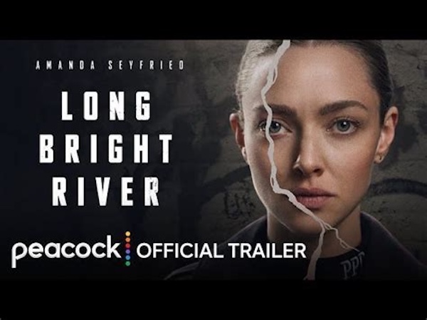 Movie poster for Long Bright River on Peacock. A blonde woman with her hair in a ponytail gives a direct stare