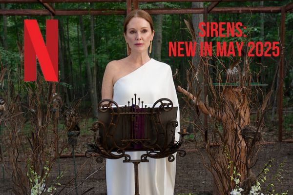 Julianne Moore stands at a podium in a promo shot from Sirens on Netflix