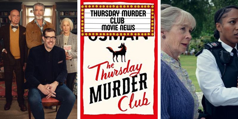 Photo collage of The Thursday Murder Club cover plus cast photos