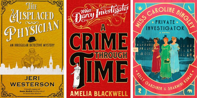 Photo collage of three historical mysteries set in the 1800s