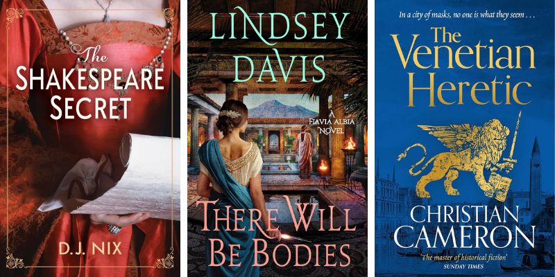 Photo collage of three July 2025 historical mysteries set before 1900