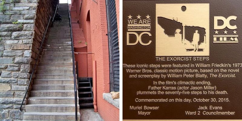 A photo collage of the Exorcist Steps in Georgetown alongside the plaque declaring it a historical site