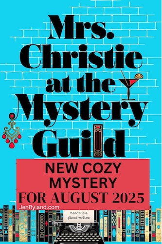 Cover of Mrs Christie and The Mystery Guild. A stack of books against s blue background