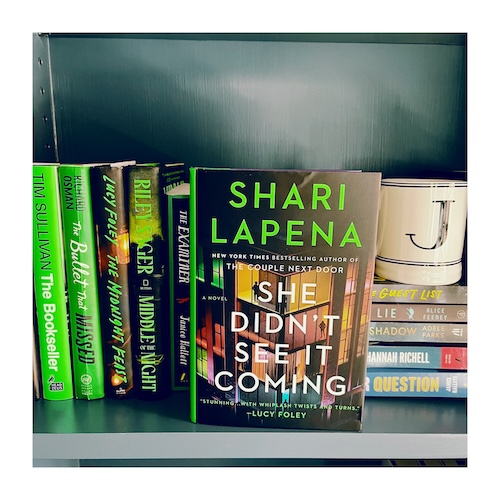 Original photo of a copy of She Didn't See it Coming by Shari Lapena on a shelf with other green books