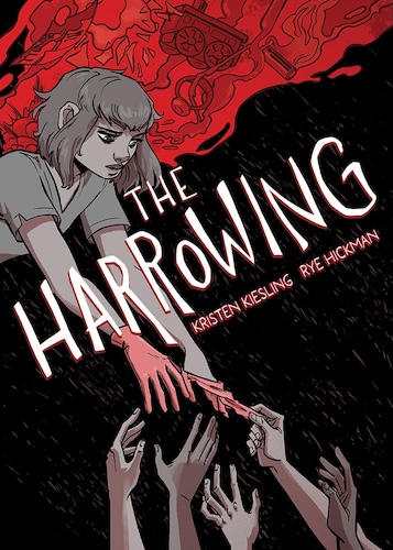 The cover of The Harrowing. A graphic illustration of a boy reaching down toward grasping hands