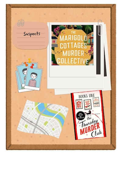 Bulletin board with The Marigold cottages murder collectvive on it