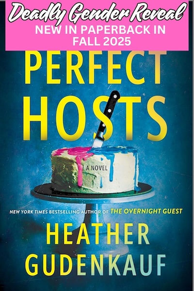 Cover of The Perfect Hosts which shows a cake with pink and blue frosting and a knife sticking out of the top