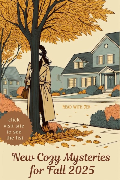 Illustration of a woman in sunglasses and a trench coat behind a tree with autumn leaves