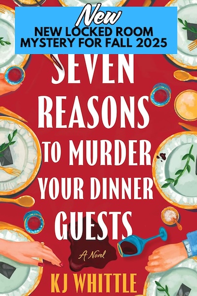 Cover of Seven Reasons to Murder Your Dinner Guests which is an overhead view of a dinner table