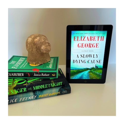 Original photo of A Slowly Dying Cause on a shelf next to other green books