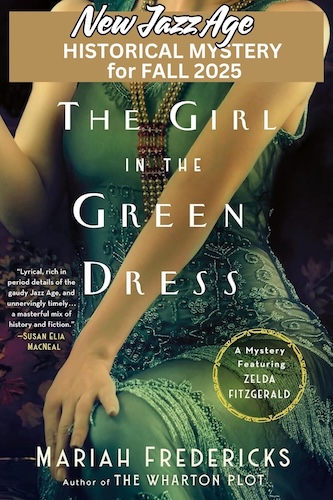 A photo of a woman from neck to knees wearing a green dress and a fringed pendant