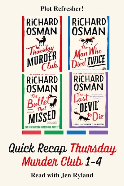 Photo collage of the four Thursday Murder Club cozy mystery books. Series Recap of the Thursday Murder Club Series
