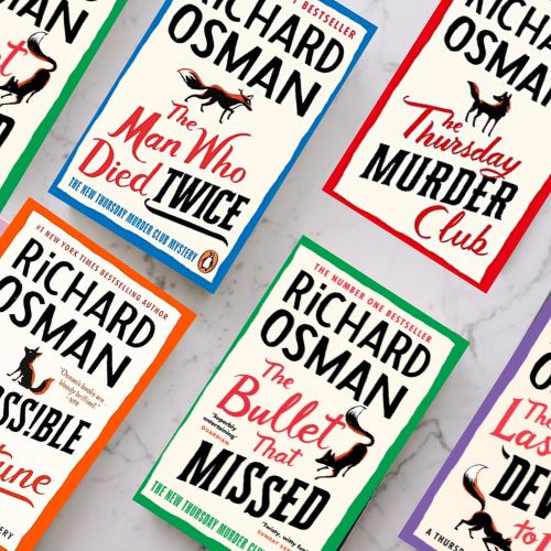 Photo collage of the books in the Thursday Mruder Club series.