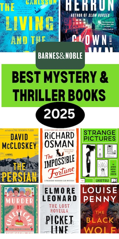 Photo collage of the Barnes and Noble Best of 2025 Mystery and Thriller Books