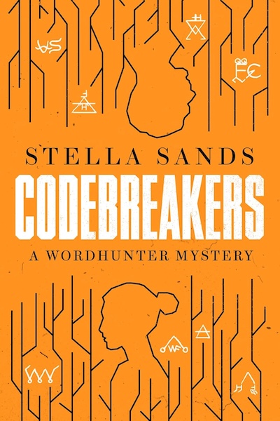Codebreakers by Stella Sands: orange cover with line drawings of a woman and symbols