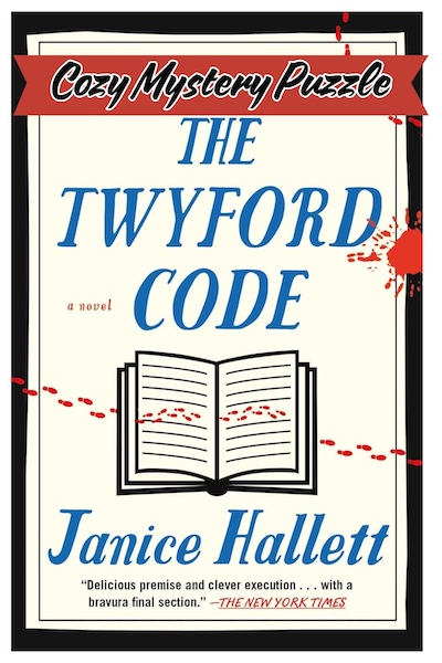 Cover of The Twyford Code, which shows a drawing of a book with bloody footprints over it