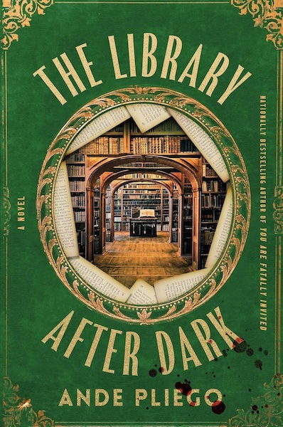 Libray After Dark: green background, drawing of a library that seems to recede backwards in space
