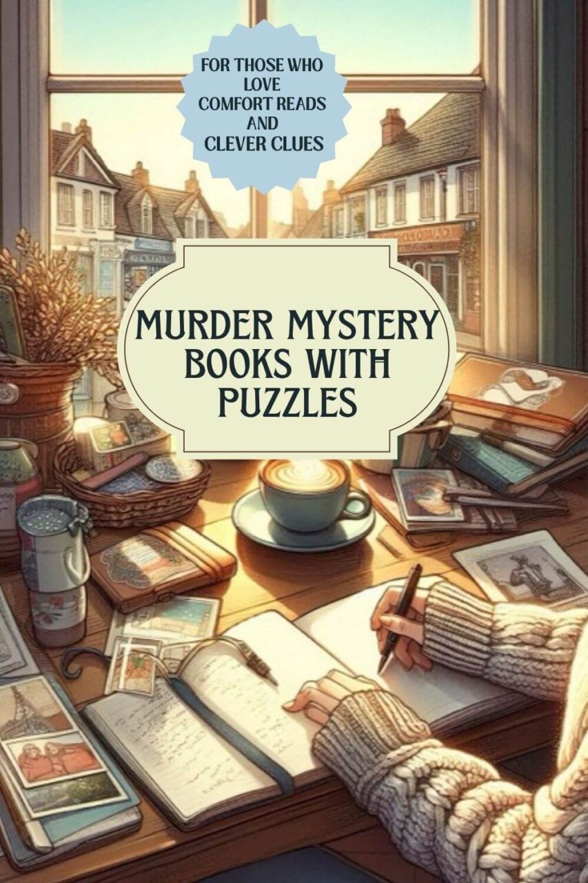 An illustration of a woman with a notebook a cup of coffee, and some clues