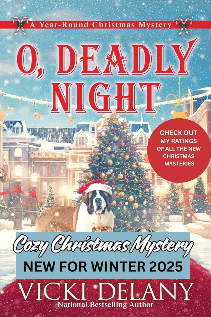The Cover of O Deadly Night which shows a St Bernard dog with a santa hat in front of a christmas tree