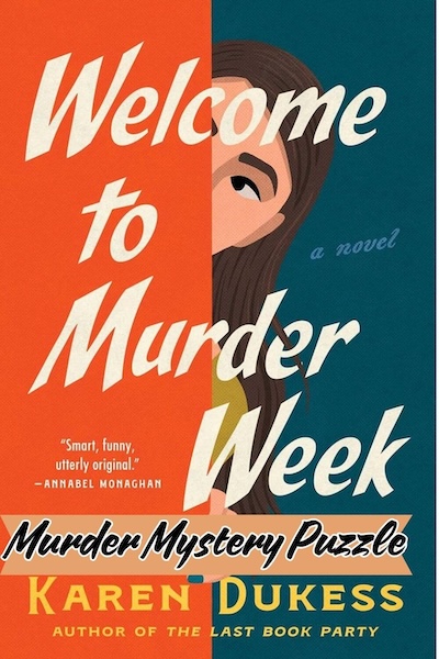 Cover of Welcome to Murder Week which shows a woman peering around a wall