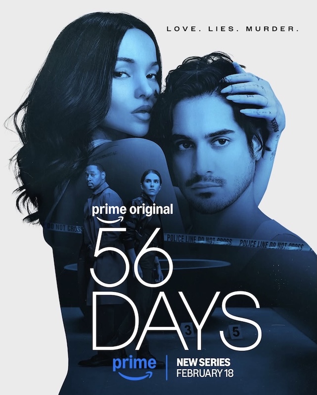 Movie poster for 56 Days on Amazon Prime. Shows a dark haired woman embracing a dark haired man and the photo is tinted blue