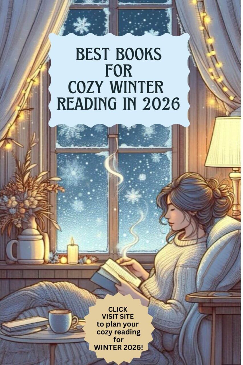 A drawing of a woman reading by a window in a cozy chair. A lamp glows behind her and snow falls softly outside.