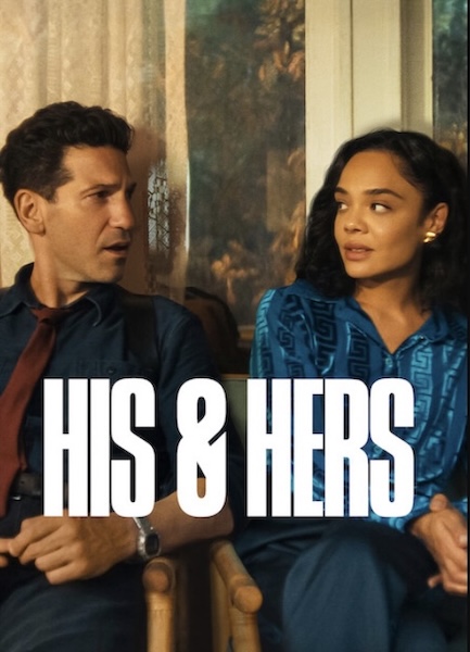 A dark haired man and woman looking at each other with suspicion