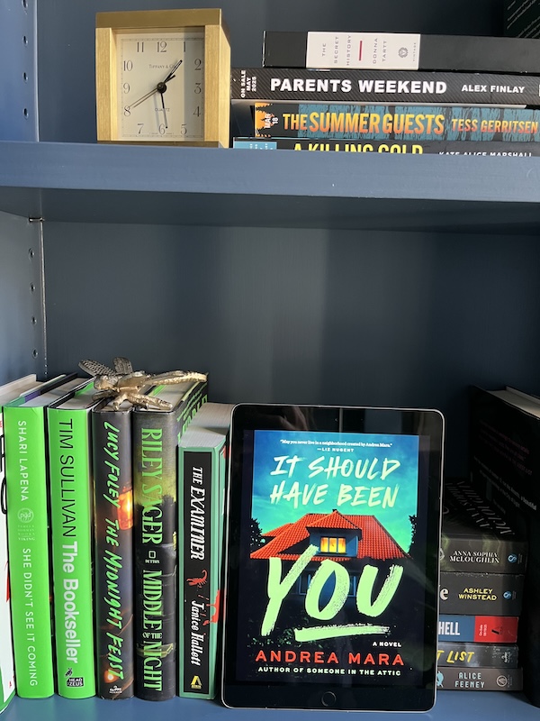 Copy of It Should Have Been You on a bookshelf next to green books