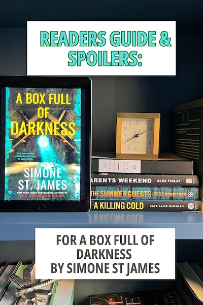 Copy of A Box full of Darkness on a blue shelf next to other blue books and a gold clock