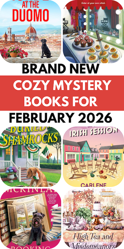 Photo collage of new cozy mysteries. A black dog in italy, a table of desserts, a table of food, beach chairs on the sand, a Scottie dog in front of a towering stack of books, and a high tea