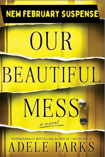 A yellow door with a torn paper effect