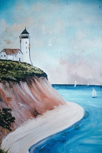 Painting of a cliff with the ocean below and a lighthouse at the edge of the cliff