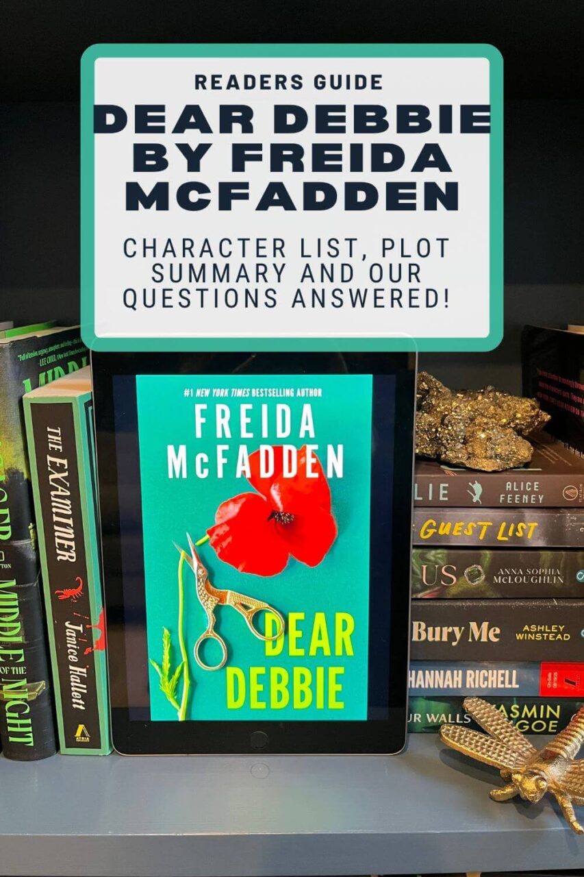 A copy of Dear Debbie on a blue shelf next to books and a gold dragonfly