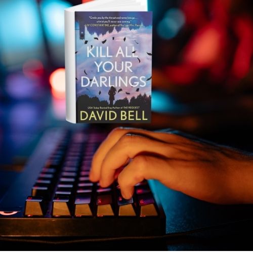 A copy of Kill Your Darlings superimposed over hands typing
