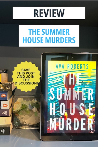 Copy of The Summer House Murdrs on a shelf next to shells and beach glass