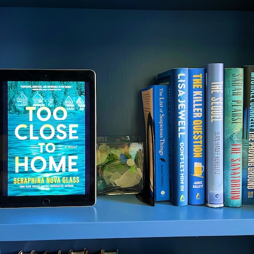 Photo of the cover of Too Close to Home on a shelf next to beach glass and other blue books