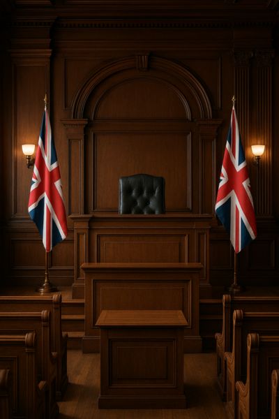 A courtroom with a judge's bench flanked with two Union Jack flags